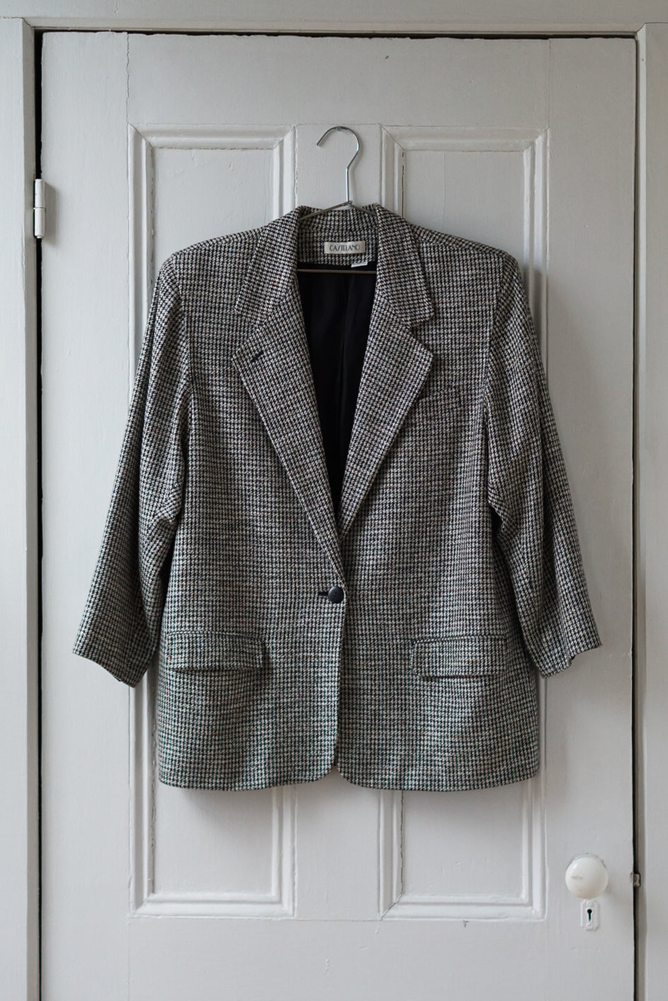 Black Houndstooth Silk Wool Blend Blazer | Size M/L