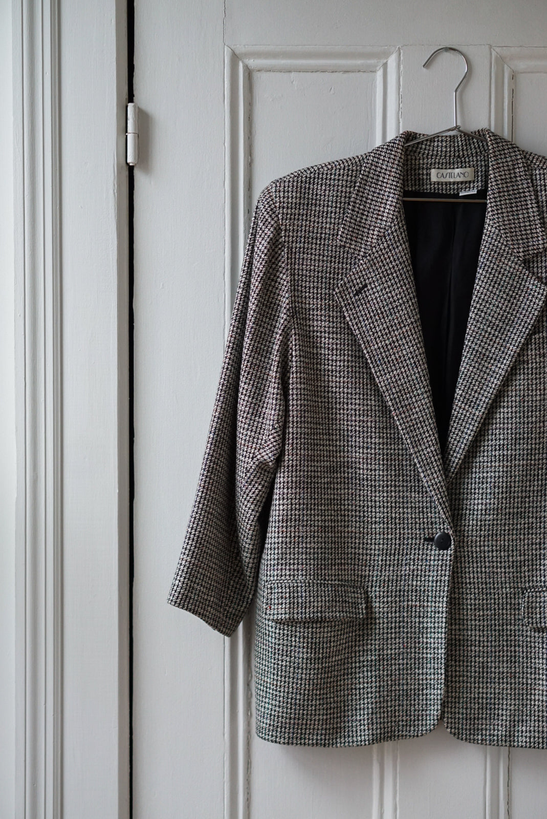 Black Houndstooth Silk Wool Blend Blazer | Size M/L