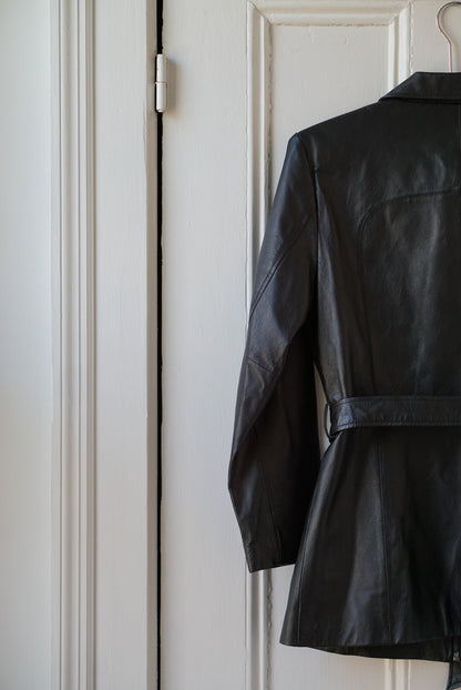 Black Leather Mini Belted Trench | Size S/M