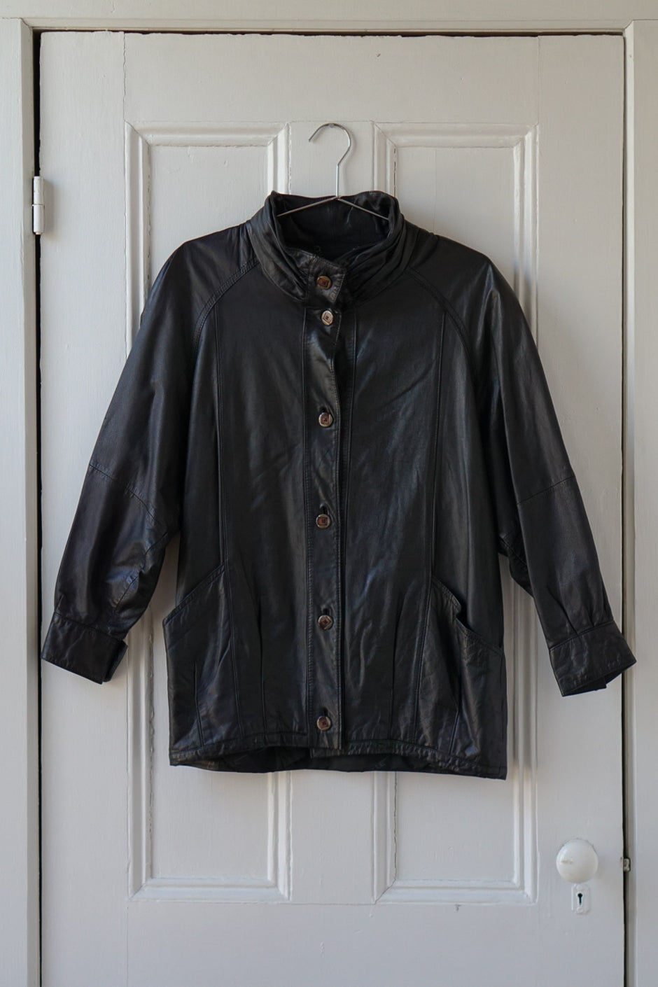 Black High Neck Tapered Leather Jacket | Size S/M