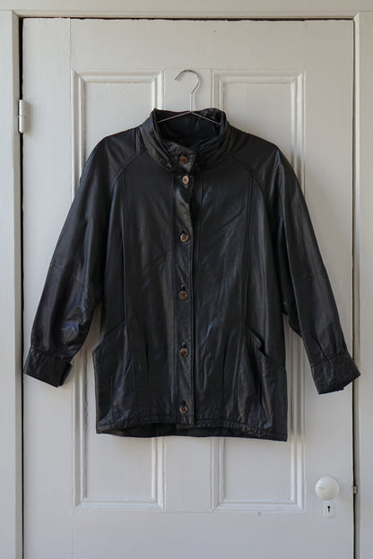 Black High Neck Tapered Leather Jacket | Size S/M