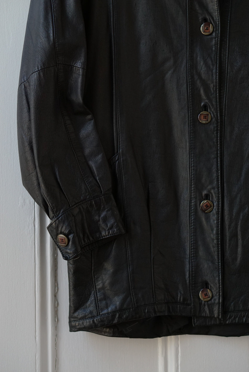 Black High Neck Tapered Leather Jacket | Size S/M