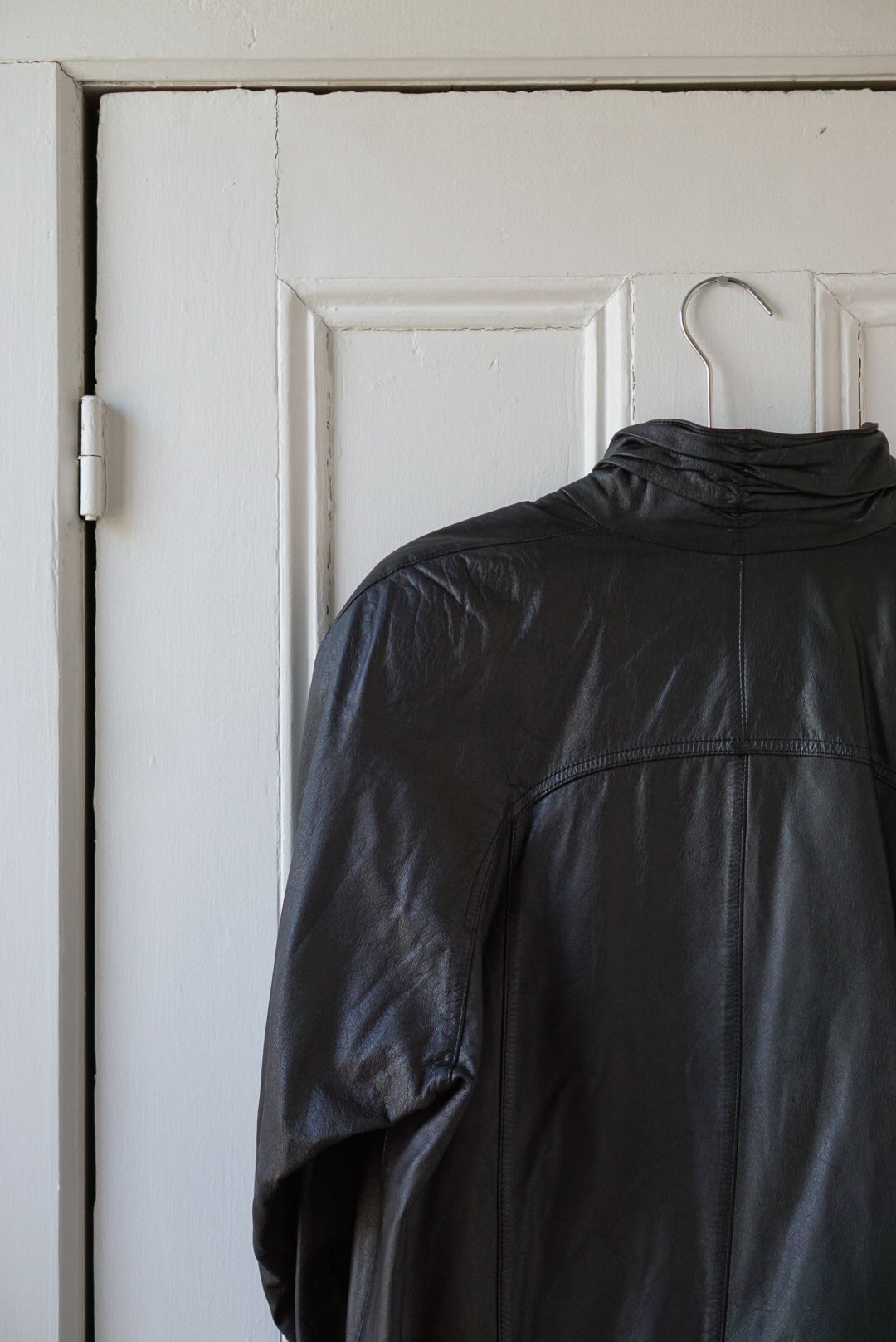 Black High Neck Tapered Leather Jacket | Size S/M