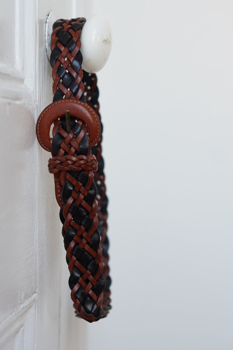 Black and Chestnut Braided Leather Belt | Size L