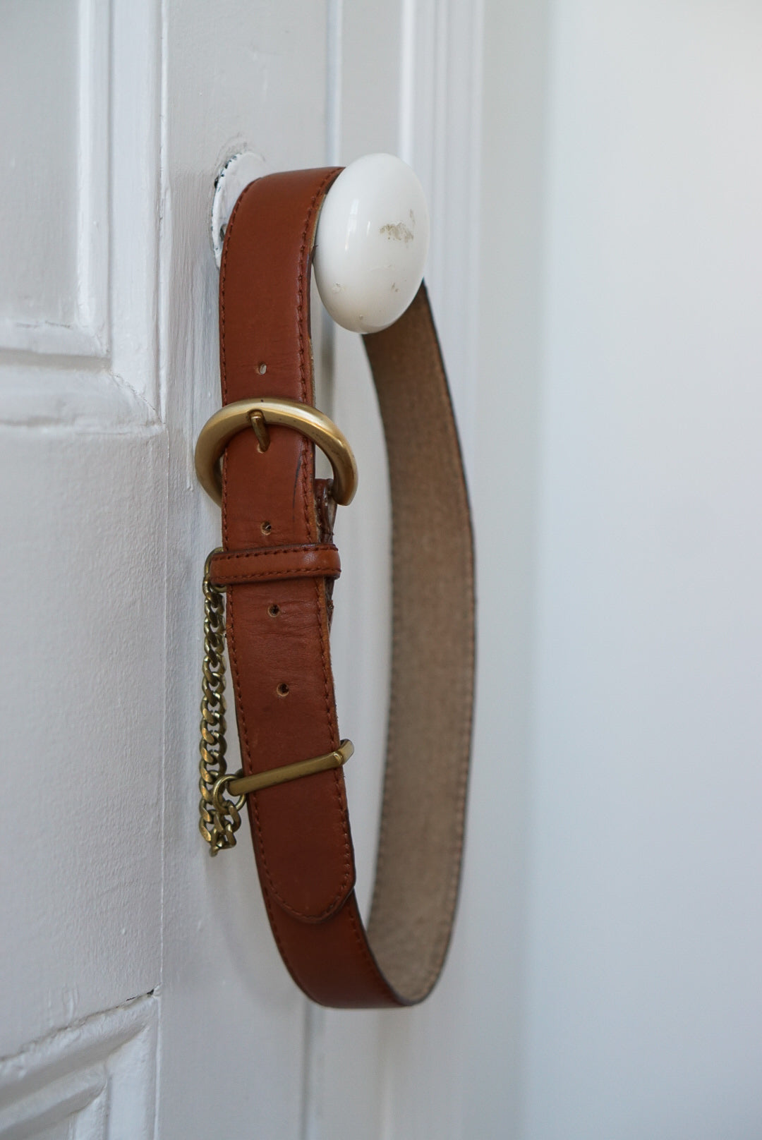 Caramel Brown Leather Belt with Brass Chain | Size S