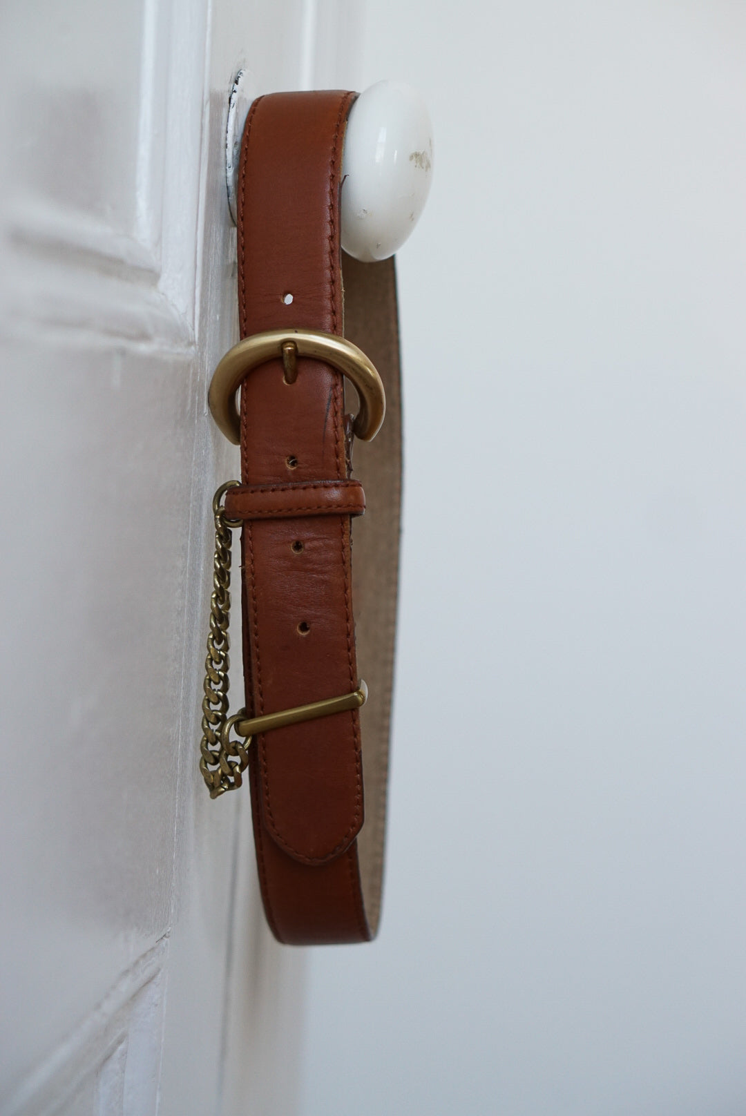 Caramel Brown Leather Belt with Brass Chain | Size S