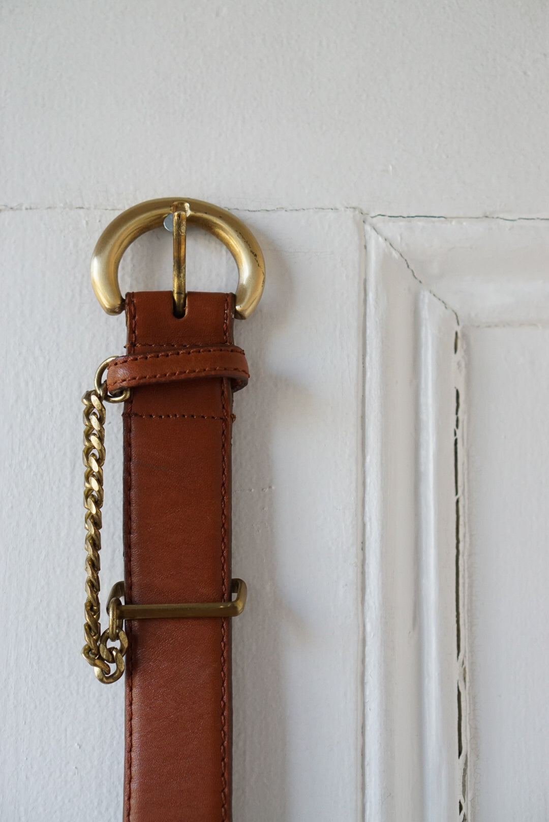 Caramel Brown Leather Belt with Brass Chain | Size S