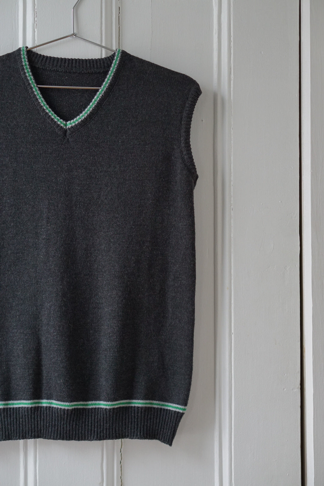 Charcoal Gray Sweater Vest with Emerald Detail | Size S/M